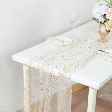 Metallic Gold Glitter Sheer Chiffon Table Runner, 10ft Boho Wedding Table Runner