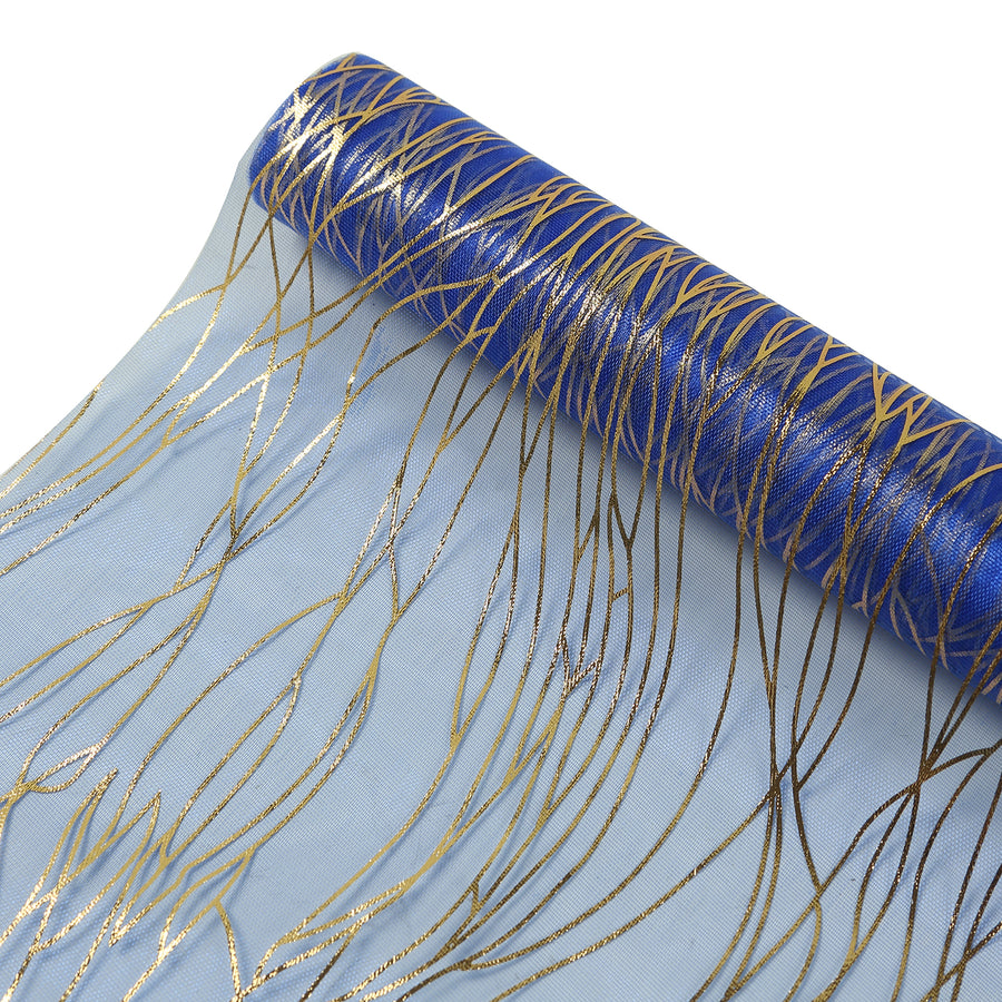 5 Pack Royal Blue Mesh Organza Table Runners with Gold Foil Water Wave Pattern