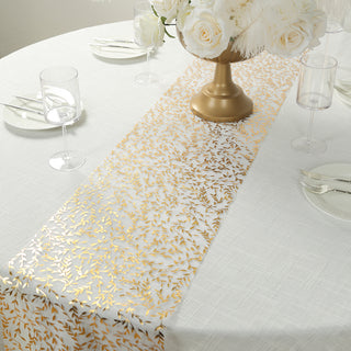 <h3 style="margin-left:0px;"><strong>White Mesh Organza Floral Table Runners with Gold Foil Leaf Accents</strong>