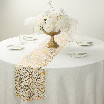 5 Pack White Mesh Organza Floral Table Runners with Gold Foil Leaf Vines - 11"x108"