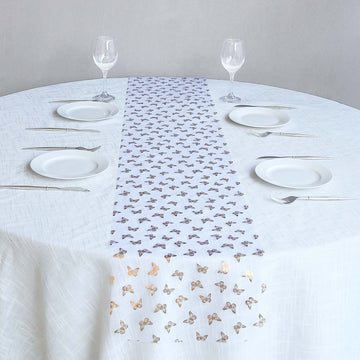 5 Pack White Sheer Organza Table Runners with Metallic Gold Foil Butterfly Motifs - 11"x108"