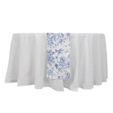 White Blue French Toile Polyester Table Runner 12x108, Elegant Reusable Table Décor