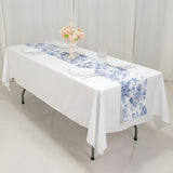 White Blue French Toile Polyester Table Runner 12x108, Elegant Reusable Table Décor