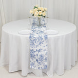 White Blue French Toile Polyester Table Runner 12x108, Elegant Reusable Table Décor