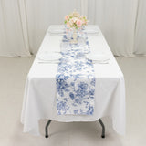 White Blue French Toile Polyester Table Runner 12x108, Elegant Reusable Table Décor