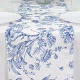 White Blue French Toile Polyester Table Runner 12x108, Elegant Reusable Table Décor