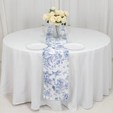 White Blue French Toile Polyester Table Runner 12x108, Elegant Reusable Table Décor