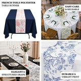 Polyester table runner with French toile pattern for weddings and events