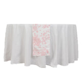 12x108 White Pink French Toile Polyester Table Runner, Elegant Floral Pattern for Table Settings