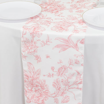 Polyester Table Runner 12"x108" White with Pink French Toile Floral Print Reusable Table Décor