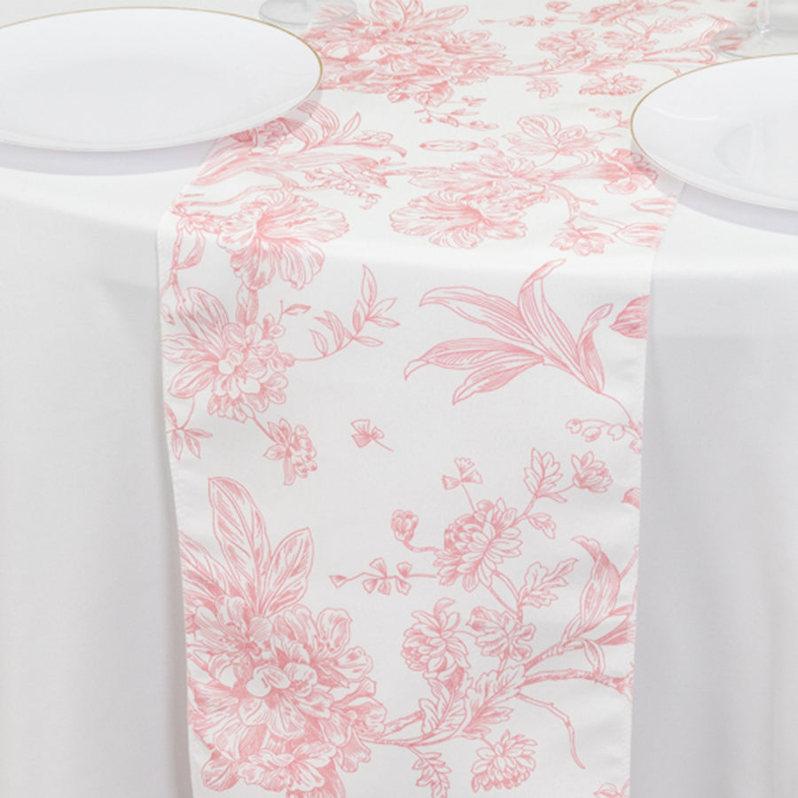 12x108 White Pink French Toile Polyester Table Runner, Elegant Floral Pattern for Table Settings