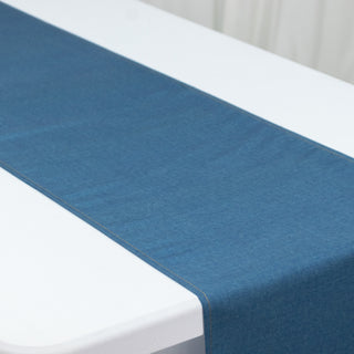 Blue denim table runner on a white table