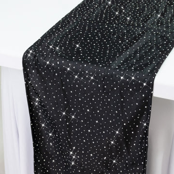 Black Scuba Table Runner with Rhinestone Accents - 12"x108" Wrinkle-Free Table Linen