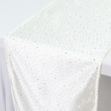 Pearl White Scuba Table Runner with Rhinestone Accents - 12"x108" Wrinkle-Free Table Linen