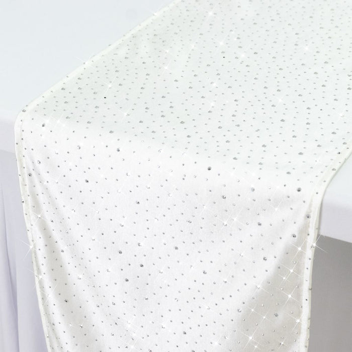 Pearl White Scuba Polyester Table Runner with Rhinestone Accents - 12x108inch