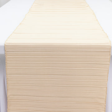 Accordion Pleated Scuba Table Runner 12" x 108" Beige – Wrinkle Free & Stain Resistant Textured Table Accent