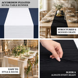 Textured accordion pleated table runner styled across dining and event tables with elegant place ...