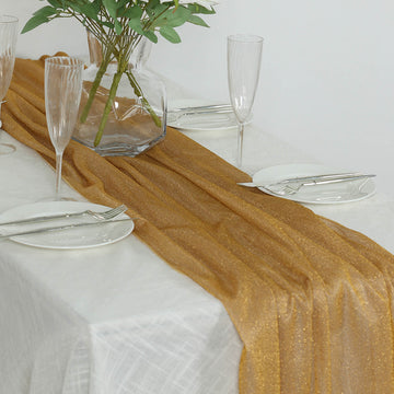 Gold Sparkling Glitter Gauze Table Runner, Reusable Wrinkle Free Sheer Table Runner - 27"x120"