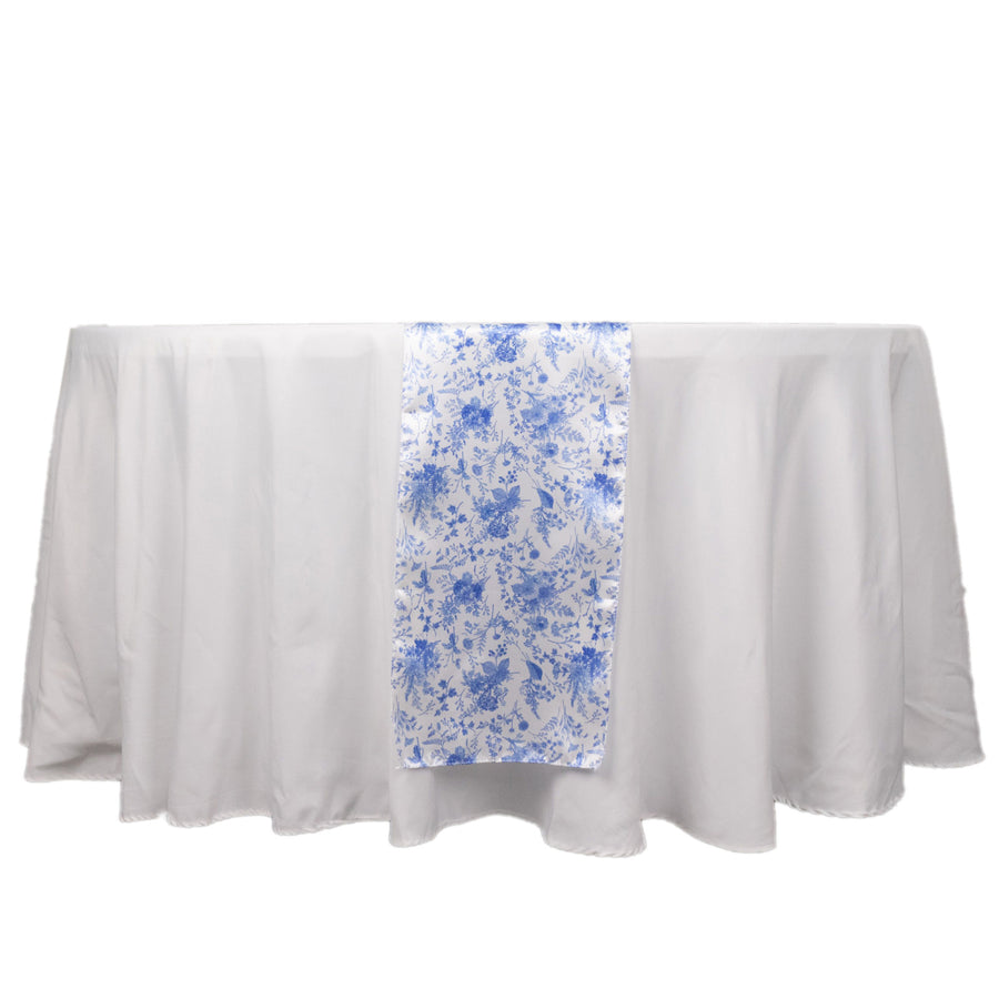 12inch x 108inch White Blue Chinoiserie Floral Print Satin Table Runner#whtbkgd