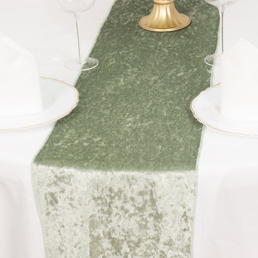 12inch x 108inch Sage Green Premium Crushed Velvet Table Runner – 190GSM