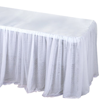 8ft Rectangular White 3 Layer Skirted Tablecloth, Fitted Tulle Tutu Satin Pleated Table Skirt