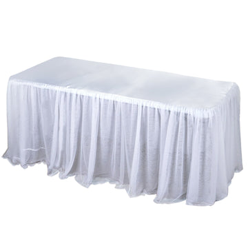 6ft Rectangular White 3 Layer Skirted Tablecloth, Fitted Tulle Tutu Satin Pleated Table Skirt