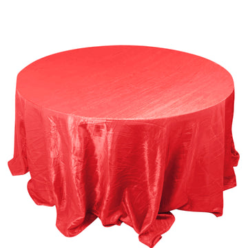 132" Red Accordion Crinkle Taffeta Seamless Round Tablecloth for 6 Foot Table With Floor-Length Drop