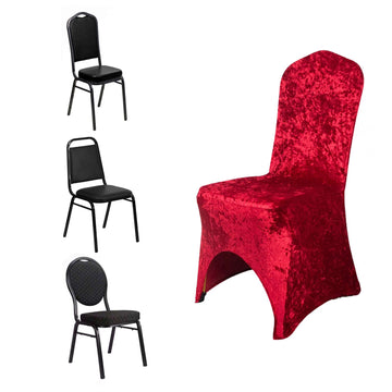 Red Crushed Velvet Spandex Stretch Wedding Chair Cover With Foot Pockets, Fitted Banquet Chair Cover - 190 GSM