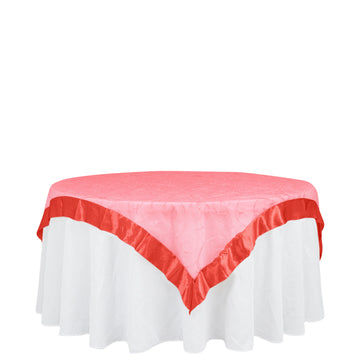 60"x60" Red Embroidered Sheer Organza Square Table Overlay With Satin Edge