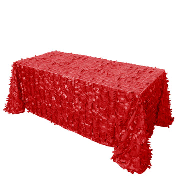 90"x132" Red 3D Leaf Petal Taffeta Fabric Seamless Rectangle Tablecloth for 6 Foot Table With Floor-Length Drop