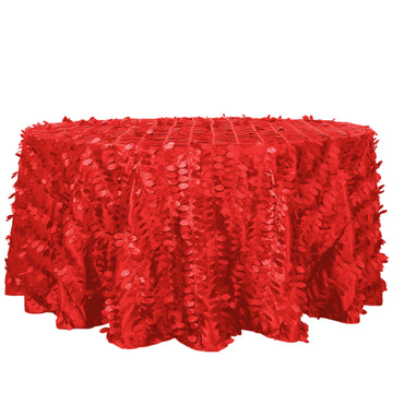 120" Red 3D Leaf Petal Taffeta Fabric Seamless Round Tablecloth for 5 Foot Table With Floor-Length Drop