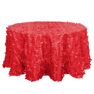 132" Red 3D Leaf Petal Taffeta Fabric Seamless Round Tablecloth for 6 Foot Table With Floor-Length Drop