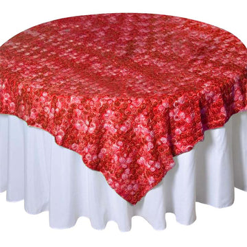 72"x72" Red 3D Mini Rosette Satin Square Table Overlay