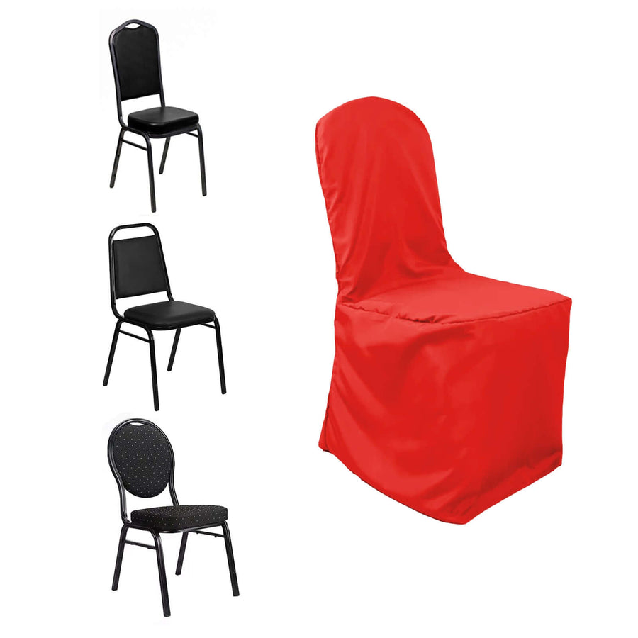 Red Polyester Banquet Chair Cover, Reusable Stain Resistant Slip On Chair Cover