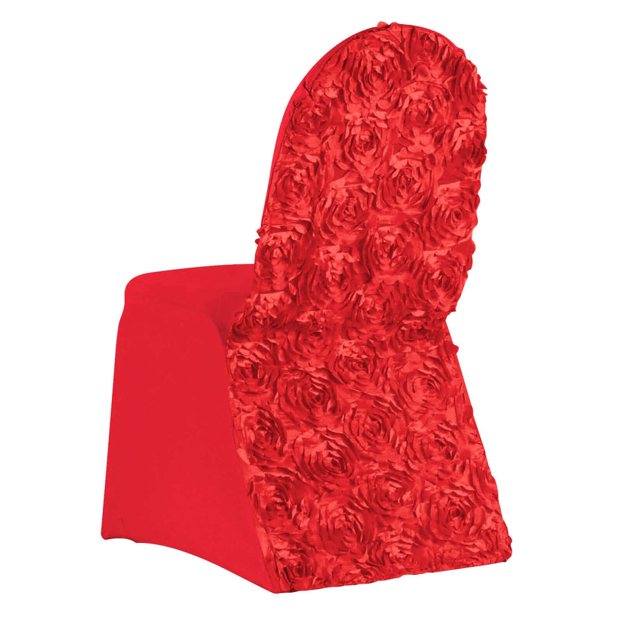 Red Satin Rosette Spandex Stretch Banquet Chair Cover, Fitted Chair Cover