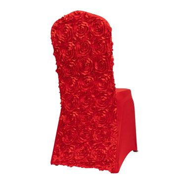 Red Satin Rosette Spandex Stretch Banquet Chair Cover, Fitted Slip On Chair Cover