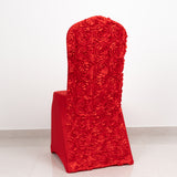 Red Satin Rosette Spandex Stretch Banquet Chair Cover, Fitted Slip On Chair Cover