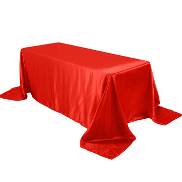 90"x132" Red Satin Seamless Rectangular Tablecloth for 6 Foot Table With Floor-Length Drop