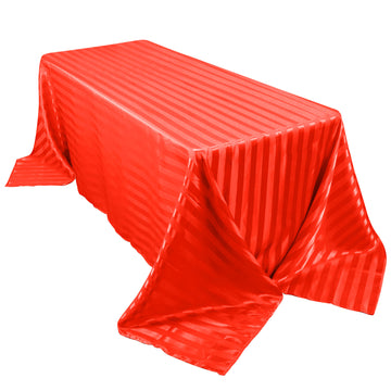 90"x132" Red Satin Stripe Seamless Rectangular Tablecloth for 6 Foot Table With Floor-Length Drop