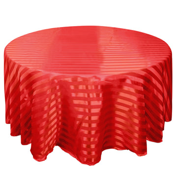 120" Red Satin Stripe Seamless Round Tablecloth for 5 Foot Table With Floor-Length Drop