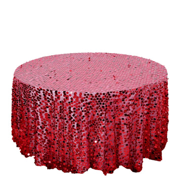 120" Red Seamless Big Payette Sequin Round Tablecloth Premium Collection for 5 Foot Table With Floor-Length Drop