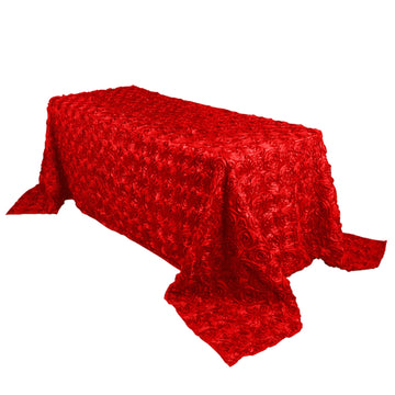 90"x132" Red Seamless Grandiose 3D Rosette Satin Rectangle Tablecloth for 6 Foot Table With Floor-Length Drop