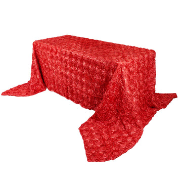 90"x156" Red Seamless Grandiose Rosette 3D Satin Rectangle Tablecloth for 8 Foot Table With Floor-Length Drop