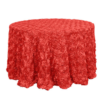 120" Red Seamless Grandiose 3D Rosette Satin Round Tablecloth for 5 Foot Table With Floor-Length Drop