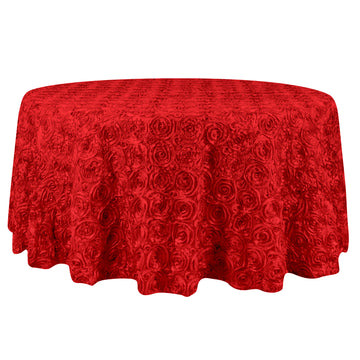 132" Red Seamless Grandiose Rosette 3D Satin Round Tablecloth for 6 Foot Table With Floor-Length Drop