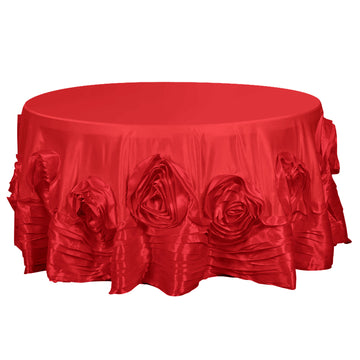 132" Red Seamless Large Rosette Round Lamour Satin Tablecloth for 6 Foot Table With Floor-Length Drop