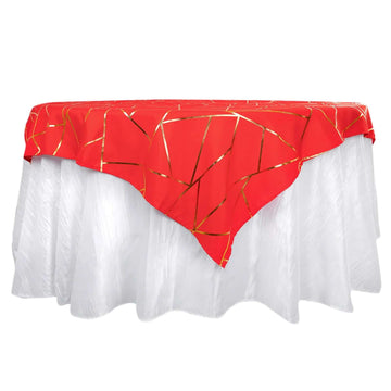 Polyester 54"x54" Table Overlay Square Tablecloth Red with Gold Foil Geometric Pattern - Wrinkle-Resistant & Durable Table Topper