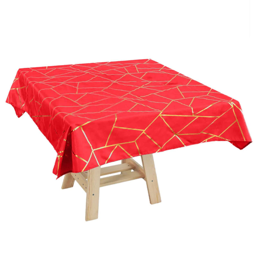 54inch x 54inch Red Polyester Square Tablecloth With Gold Foil Geometric Pattern