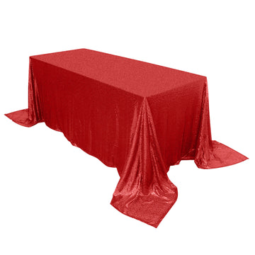 90"x132" Red Seamless Premium Sequin Rectangle Tablecloth for 6 Foot Table With Floor-Length Drop