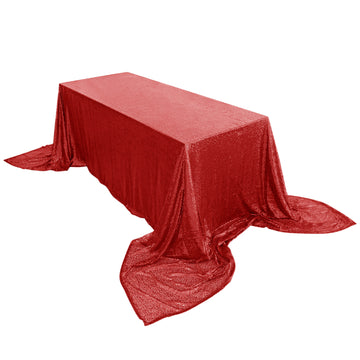 90x156" Red Seamless Premium Sequin Rectangle Tablecloth for 8 Foot Table With Floor-Length Drop